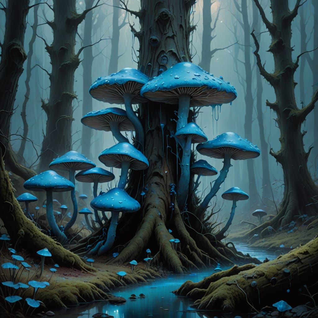 Ethereal Forest Scene with Glowing Blue Mushrooms