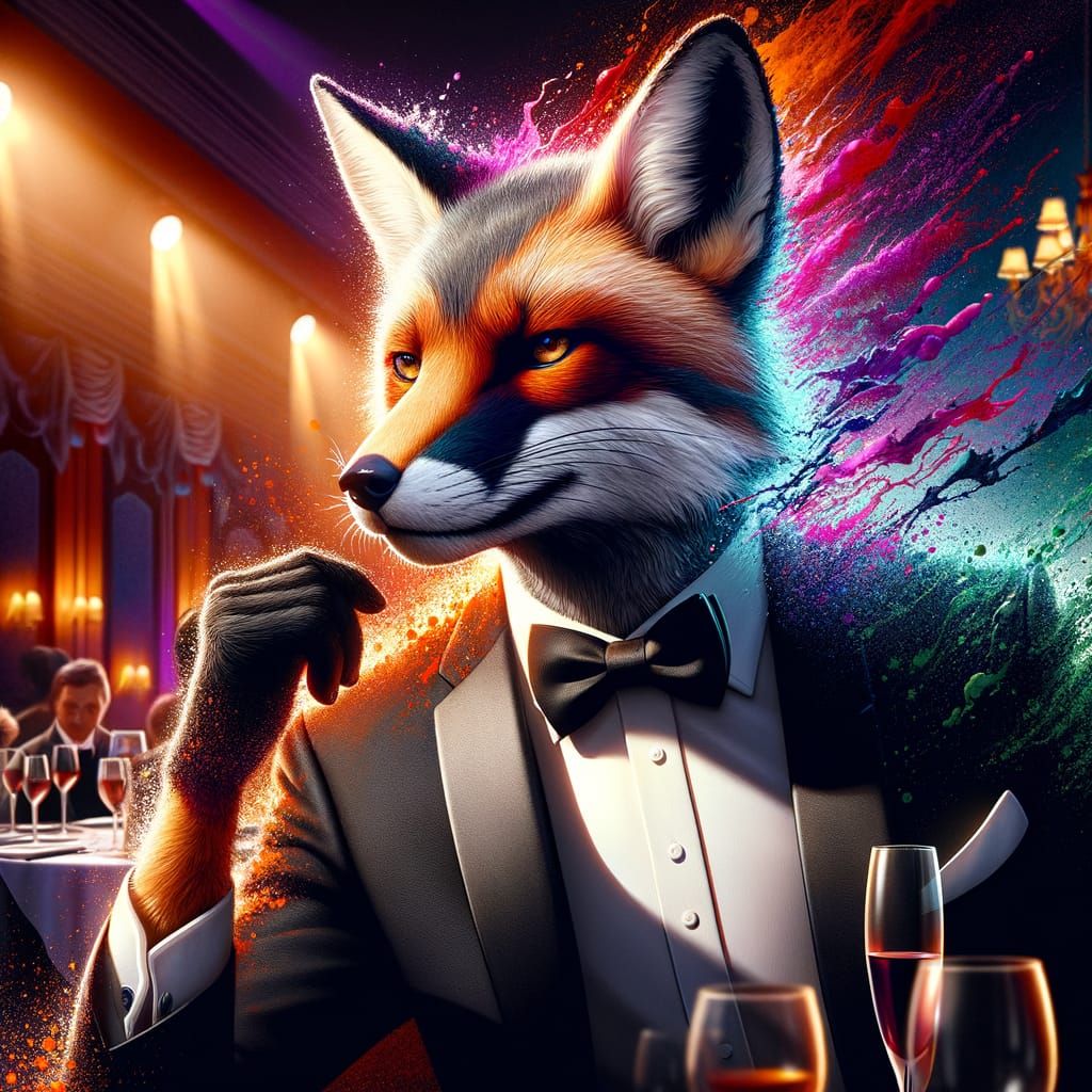 Fox in Tuxedo at Dinner Party: Splash Art Style