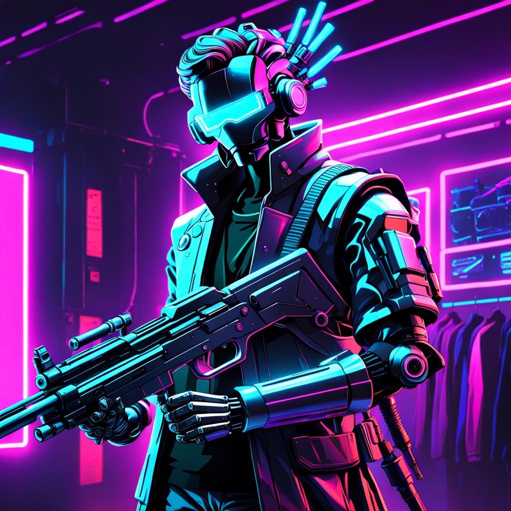 Man with Robotic Arms in Synthwave Neon Style