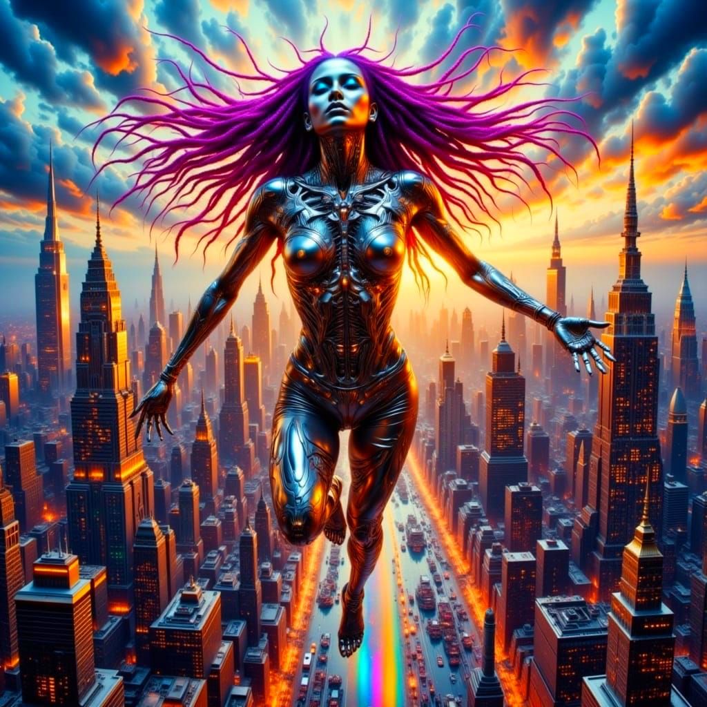 A Woman Leaps into a Vibrant, Glitchy Cityscape