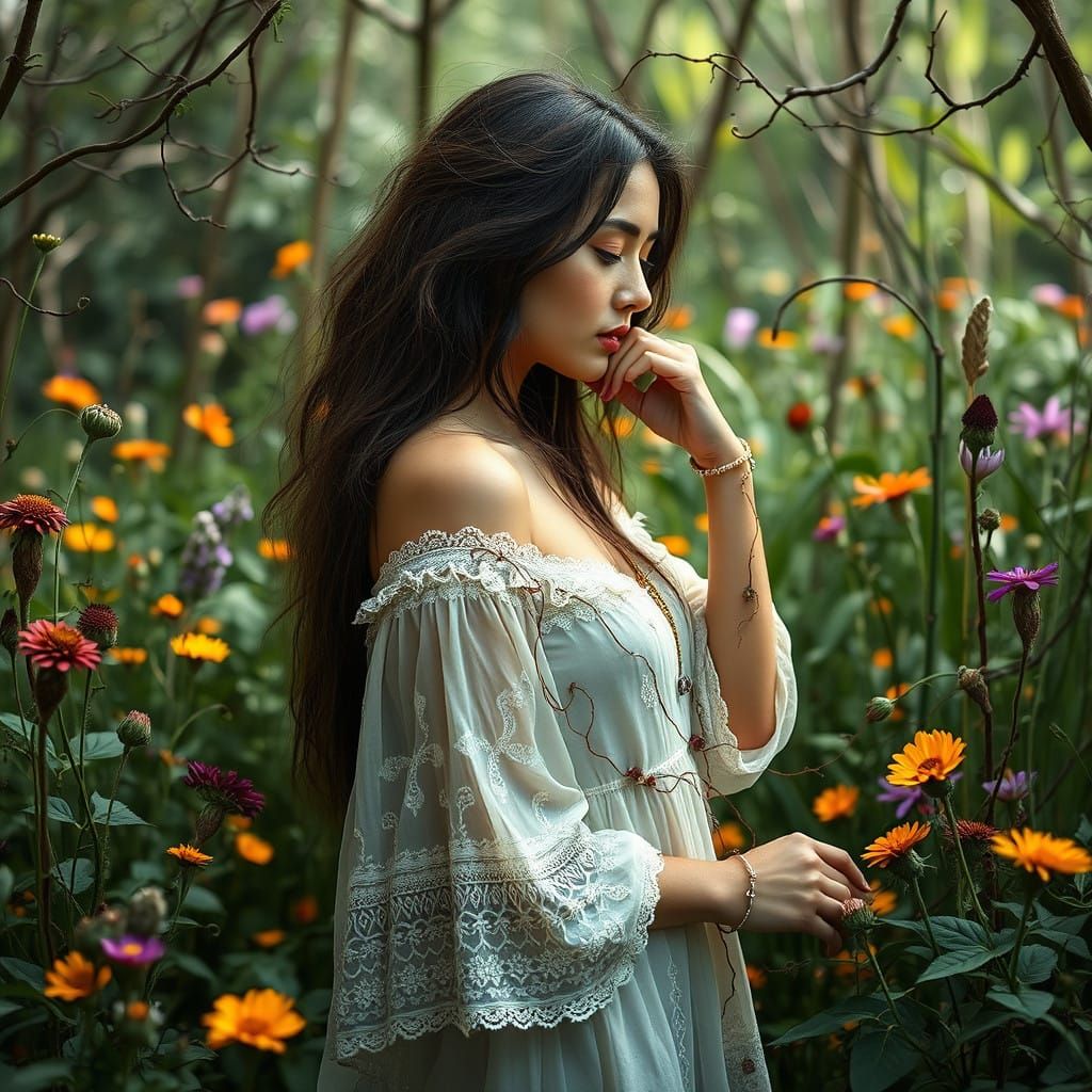 Ethereal Woman in Whimsical Forest Landscape