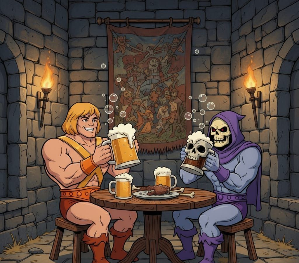 He-Man and Skeletor Share Beers in Filmation Style