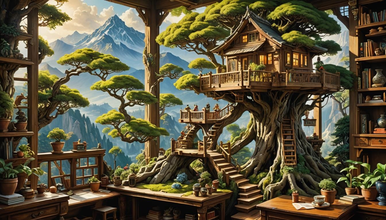 Intricate Bonsai Treehouse with Mountain View