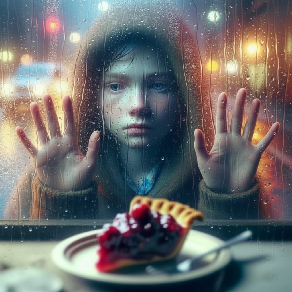 Girl Gazes Longingly at Cherry Pie Through Rainy Window