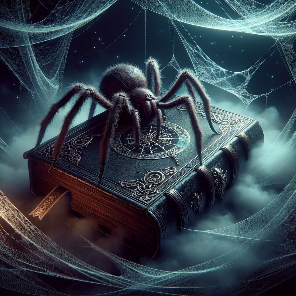 Bewitching Antique Book with Spider Legs in Shadows