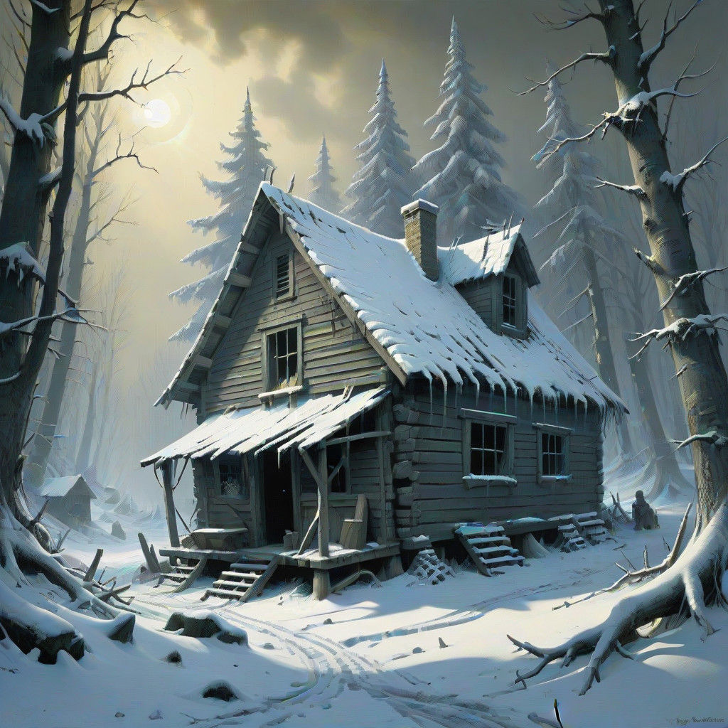 Haunted Forest Shack in Winter Wonderland of Gothic Horror