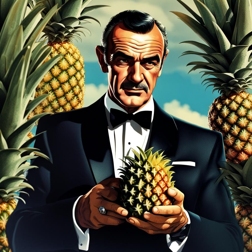 Sean Connery as 007 with Pineapple, 60s Film Poster Style