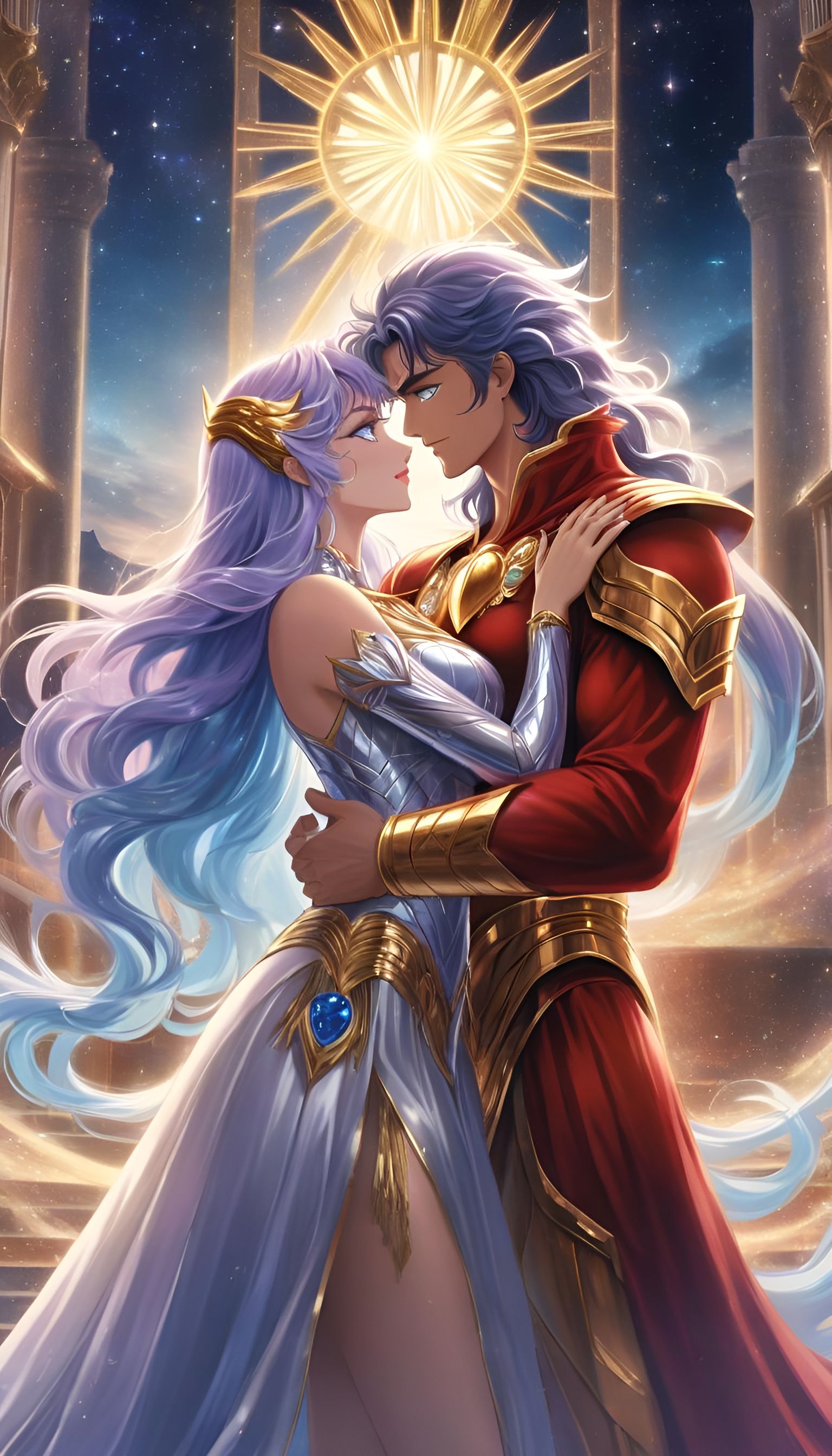 Anime Couple Embrace in Saint Seiya Style