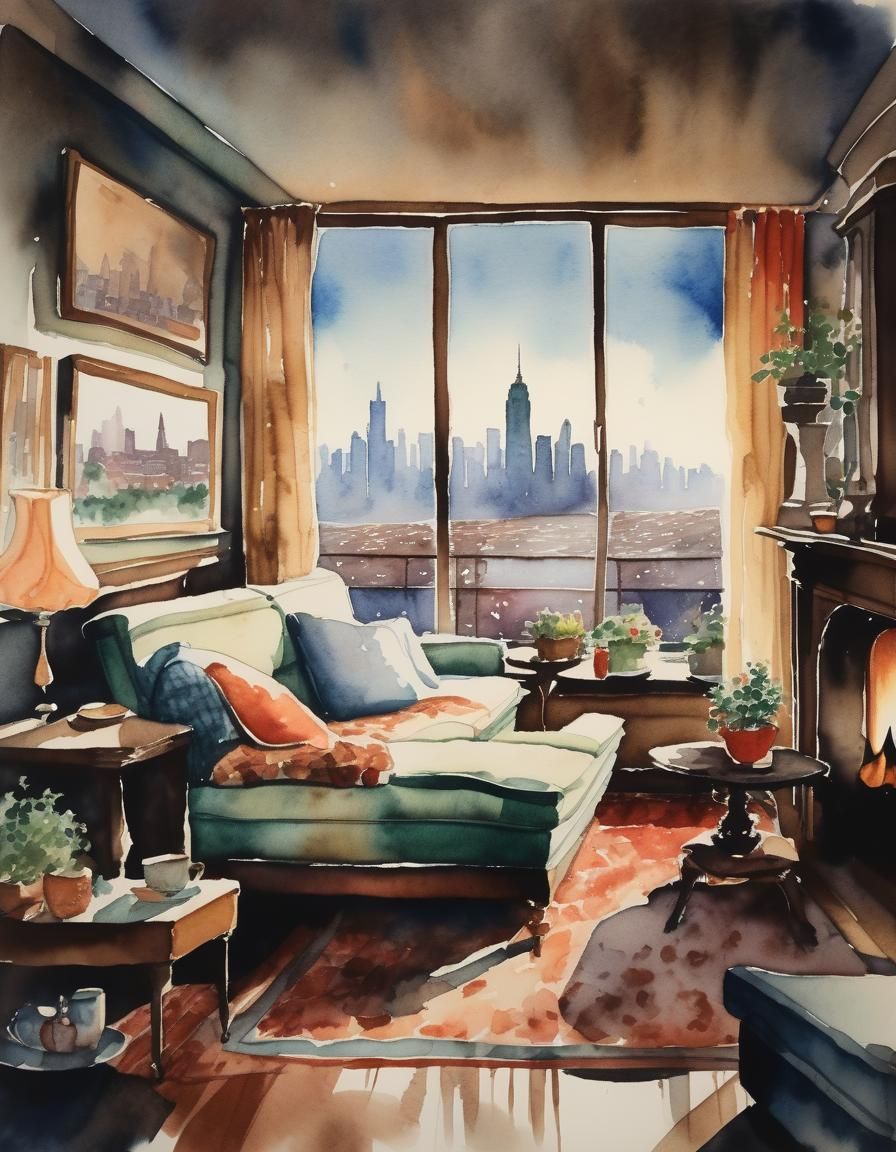 Vintage Watercolor Living Room with City View