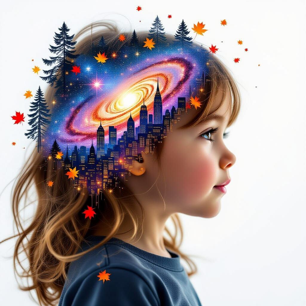 Galaxy Drips into Autumn Cityscape with Princess Silhouette