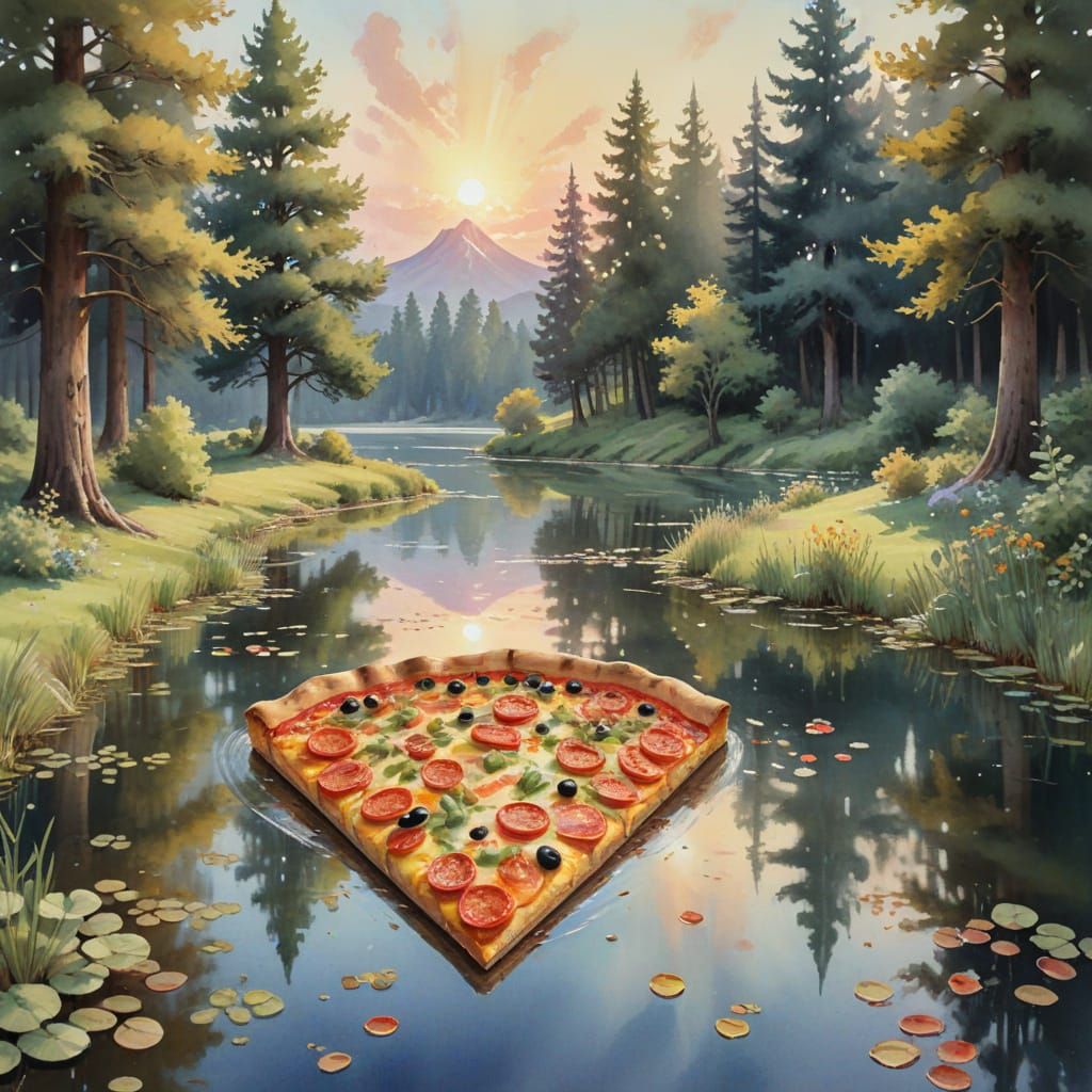 Sunset Over Pizza Lake in Watercolor Style