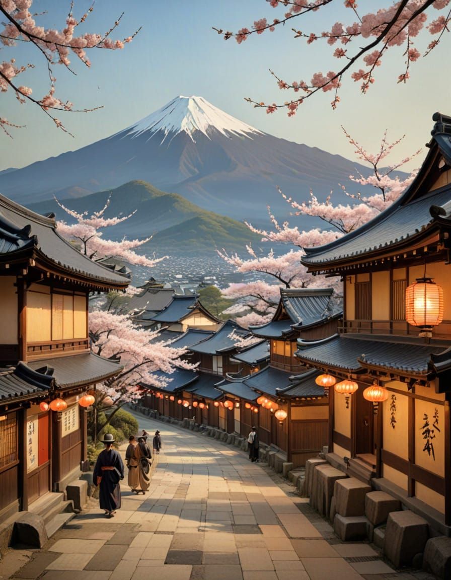 15th Century Japanese Town Square in Vibrant, Golden Light