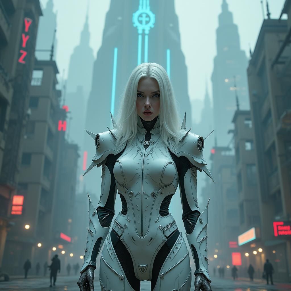 Gothic Cyborg in Cyberpunk Cityscape