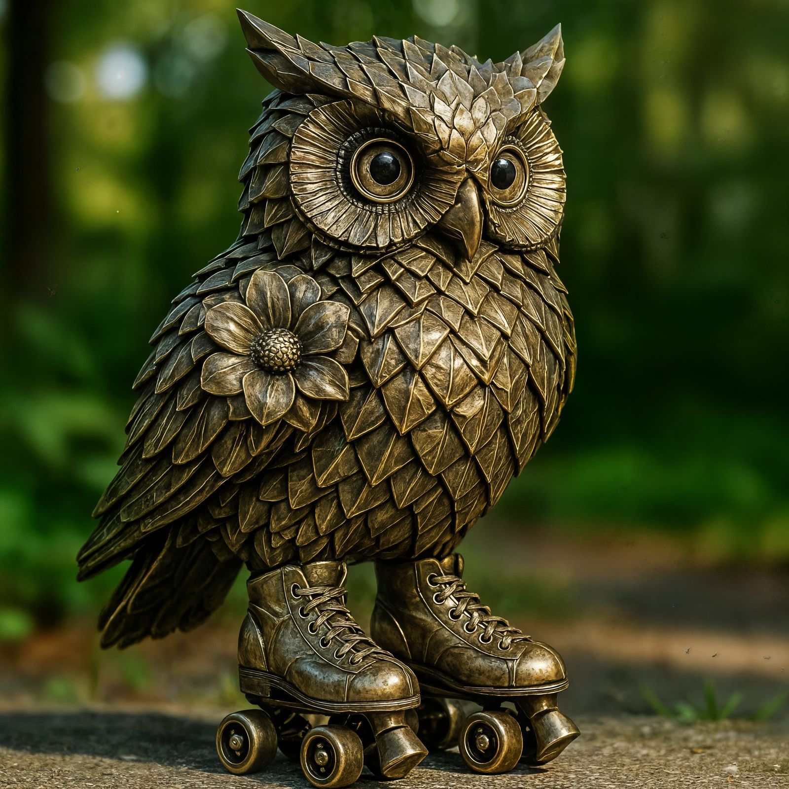 Metallic Owl on Roller Skates: Steampunk Sculpture