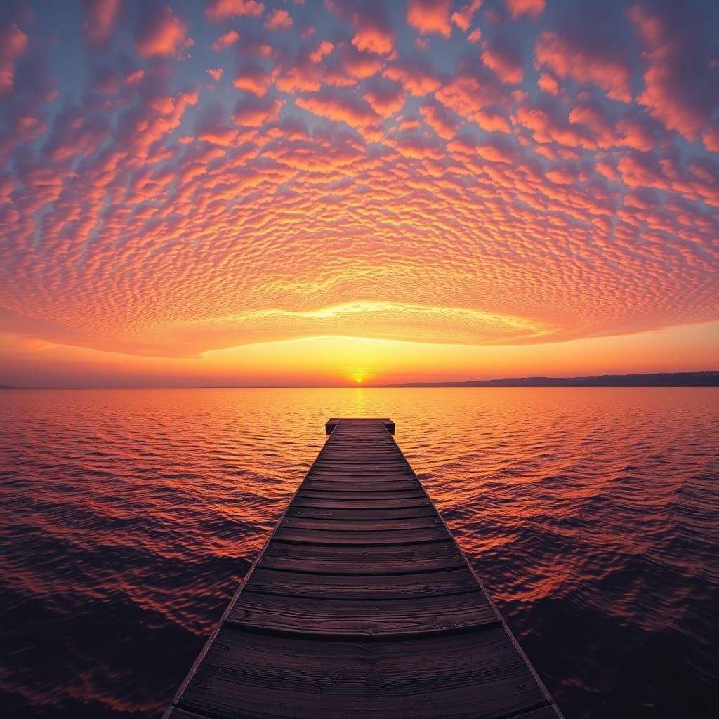 A panoramic curved view of an orange sunset over a vast ripp...