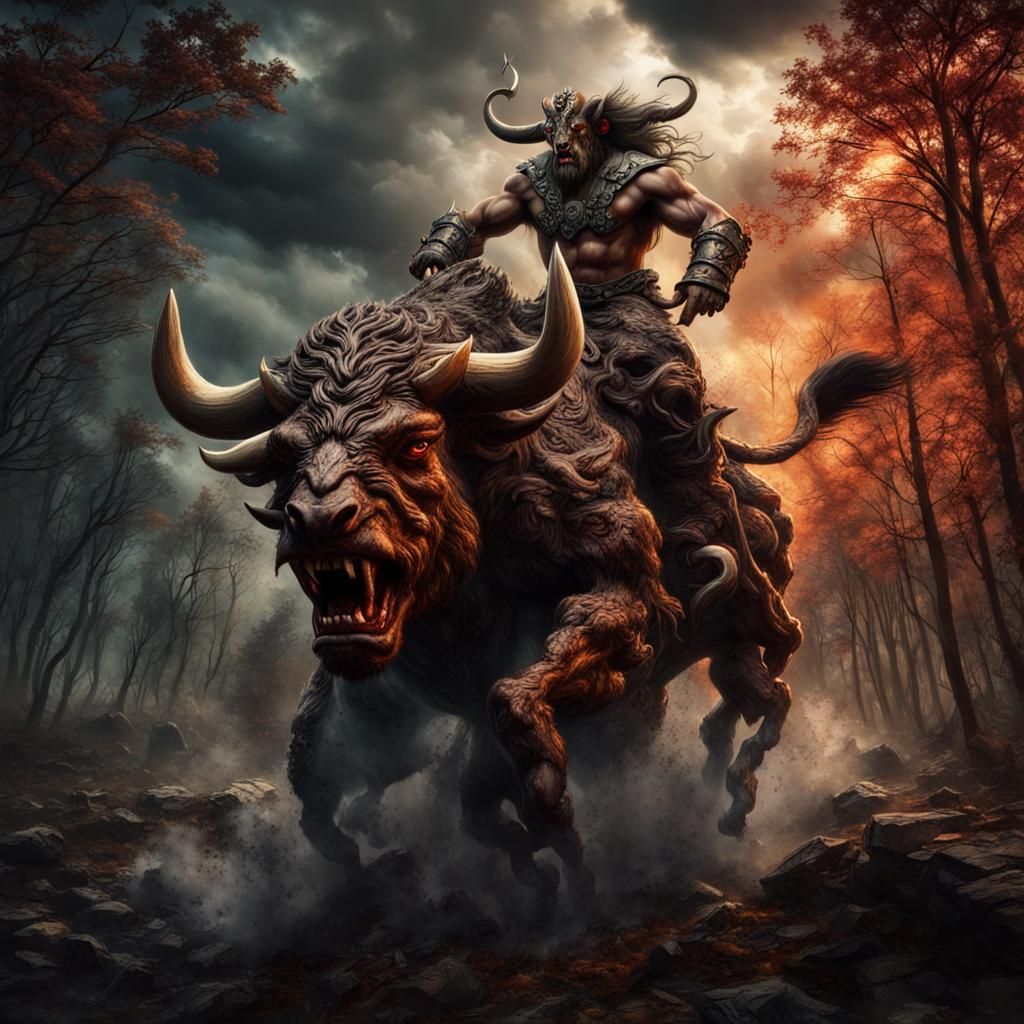 Minotaur on Beast in Forest Battle