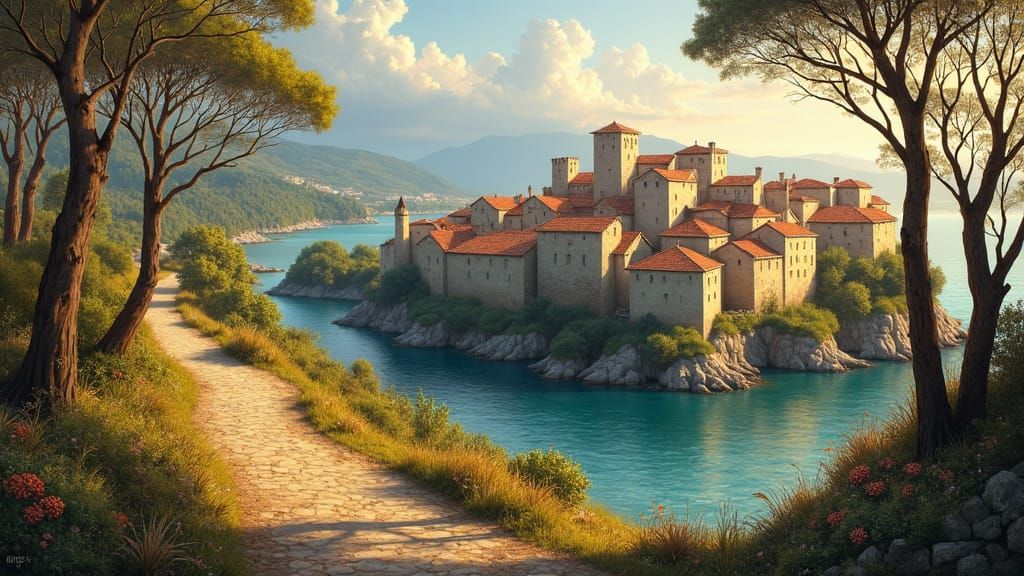 Seaside Medieval Town with Silver Wood: Oil Painting