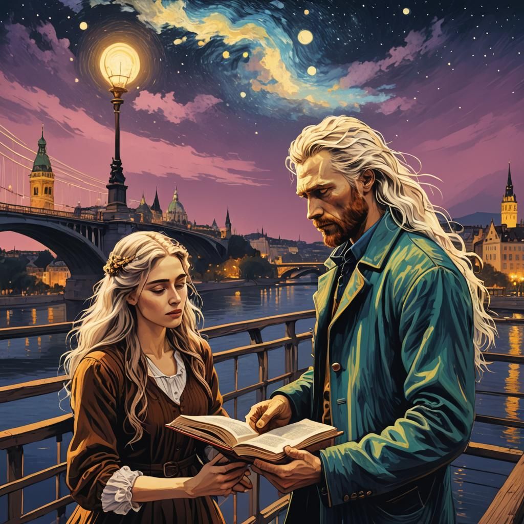 Book Theft on Budapest Bridge in Van Gogh Style