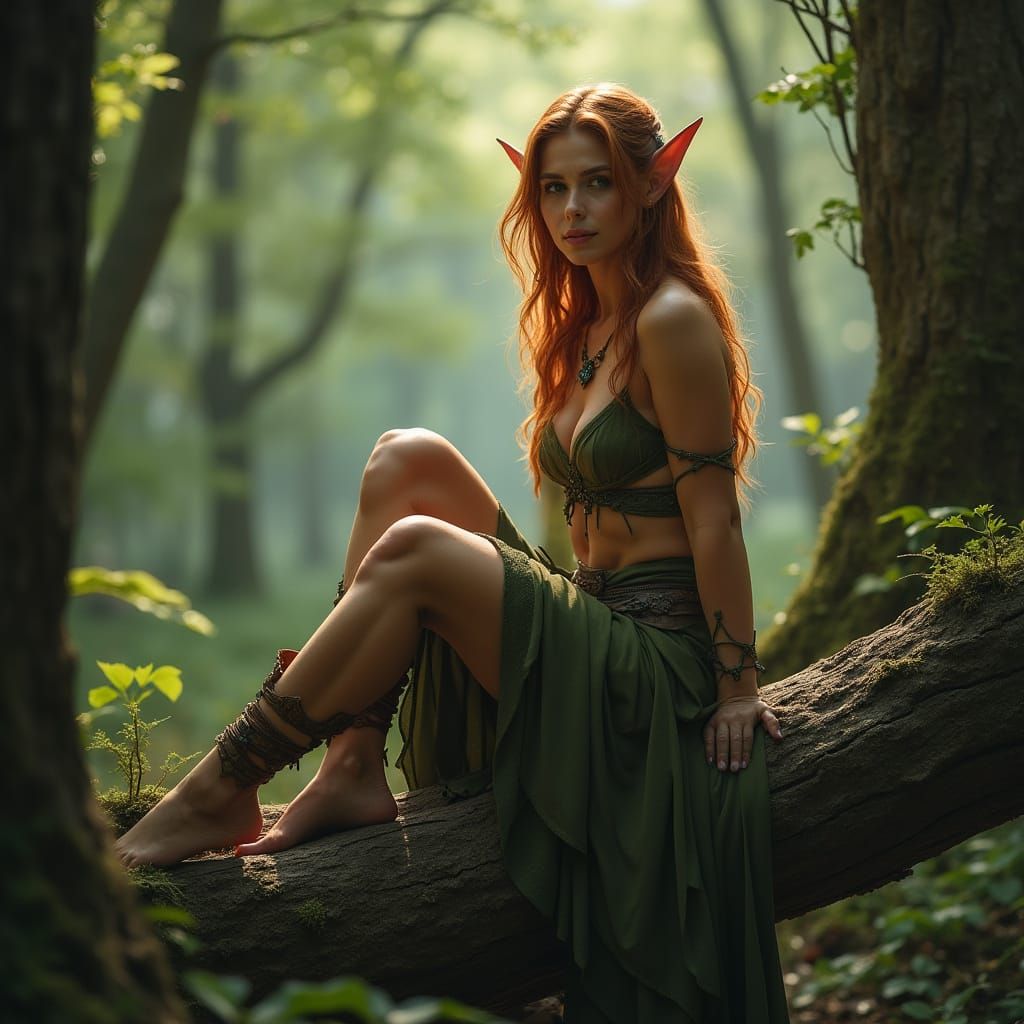 Elven Maiden Resting in Woodland Scene