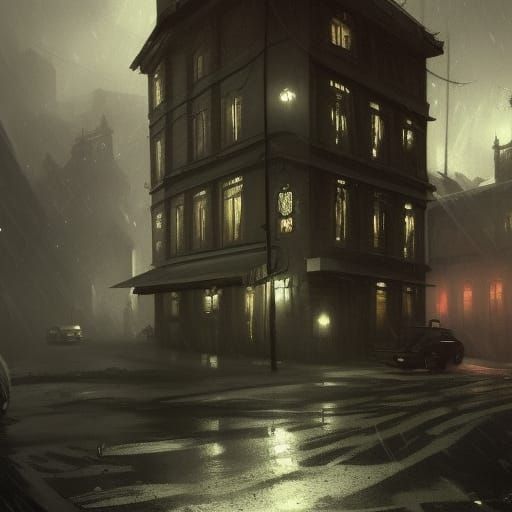 Noir Police Station in São Paulo, Detailed Dark Fantasy