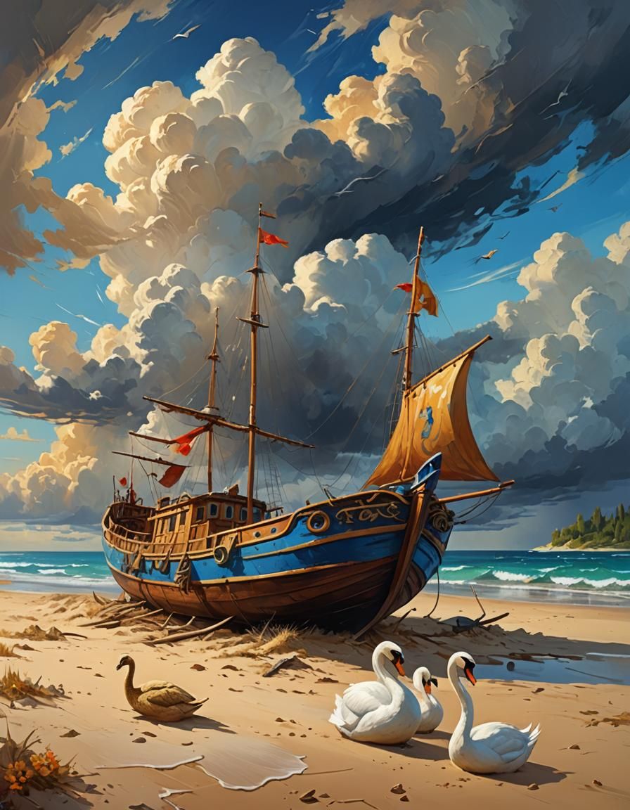 a painting of a boat on a beach, cgsociety contest winner, s...