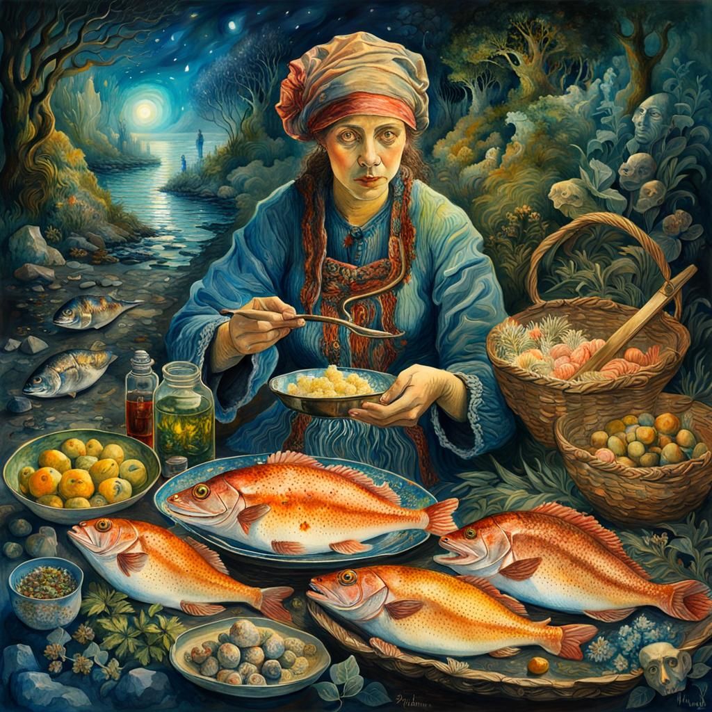 Woman with Salt Cod: Watercolor Fantasy