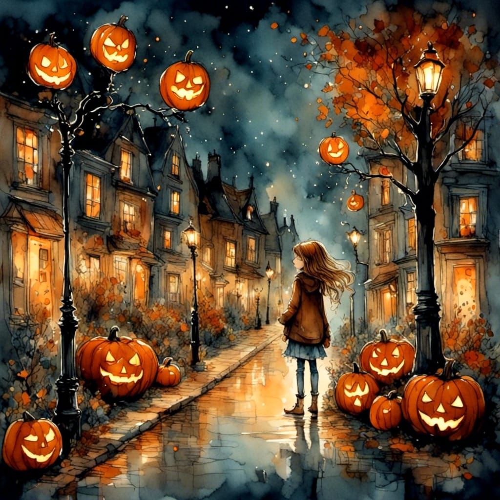 Whimsical Surreal Cityscape with Pumpkin-Headed Teen