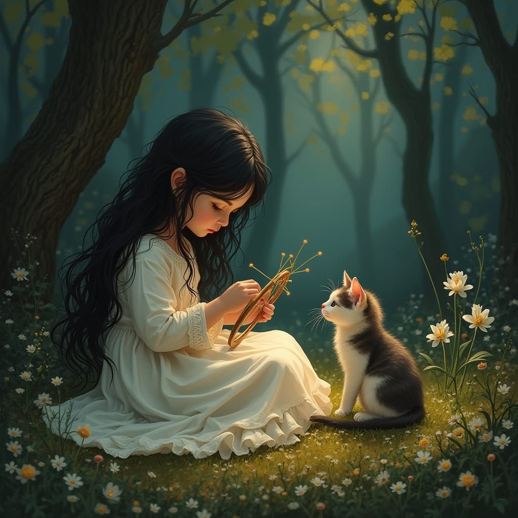 Whimsical Woodland Needlework Scene with Feline Companion