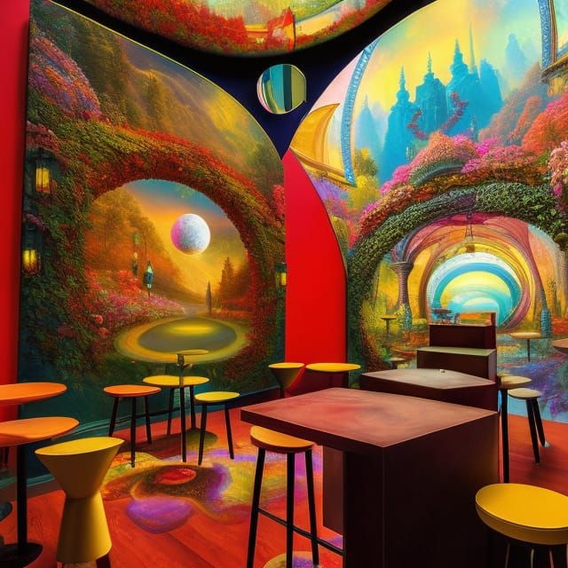 Psychedelic Artist Cafe: Retro-Futuristic Neon Illustration