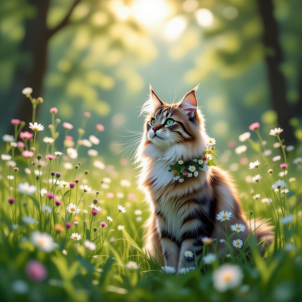 Majestic Cat in Sun-Dappled Forest Clearing with Wildflowers