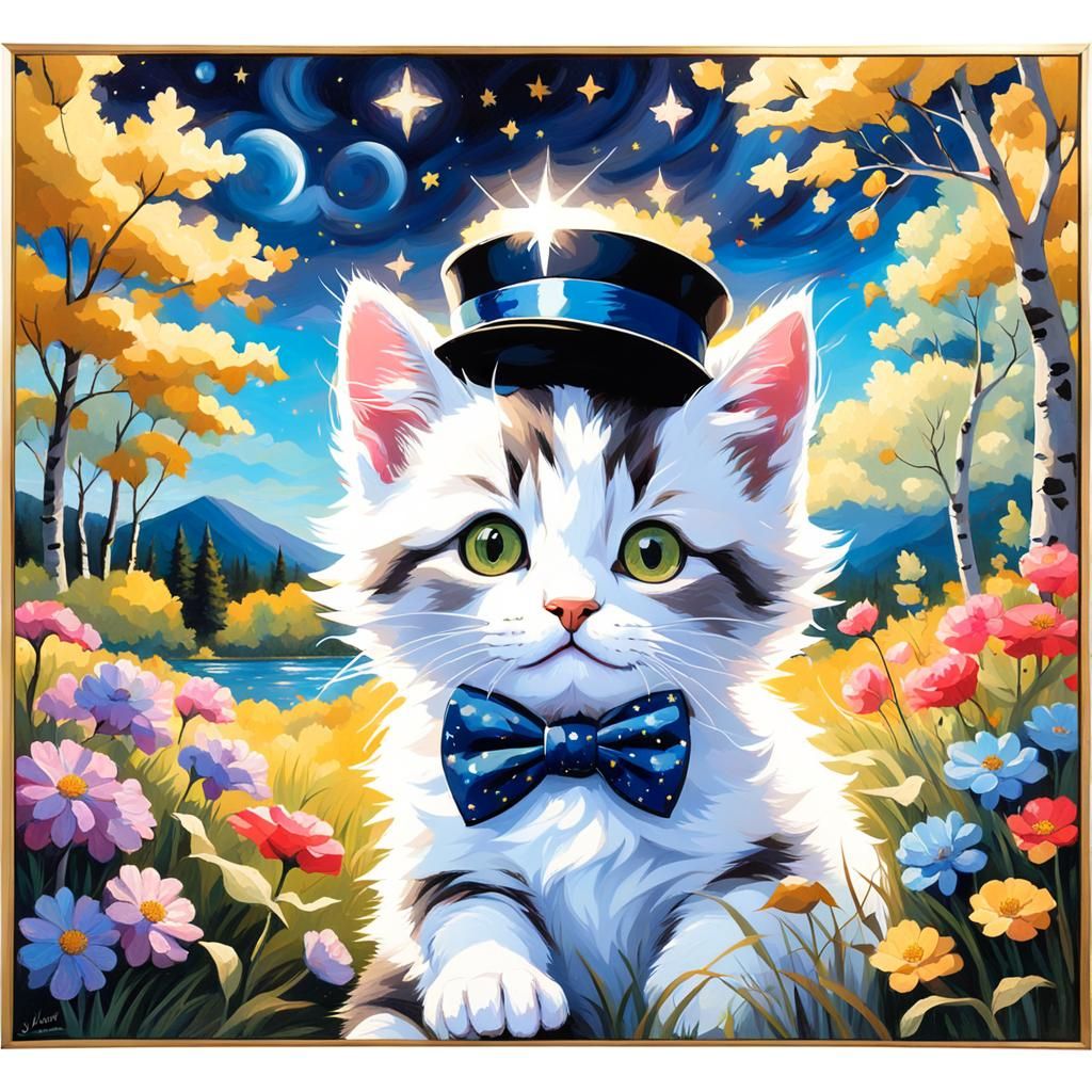 Kawai Kitten in Starry Meadow, Oil Painting