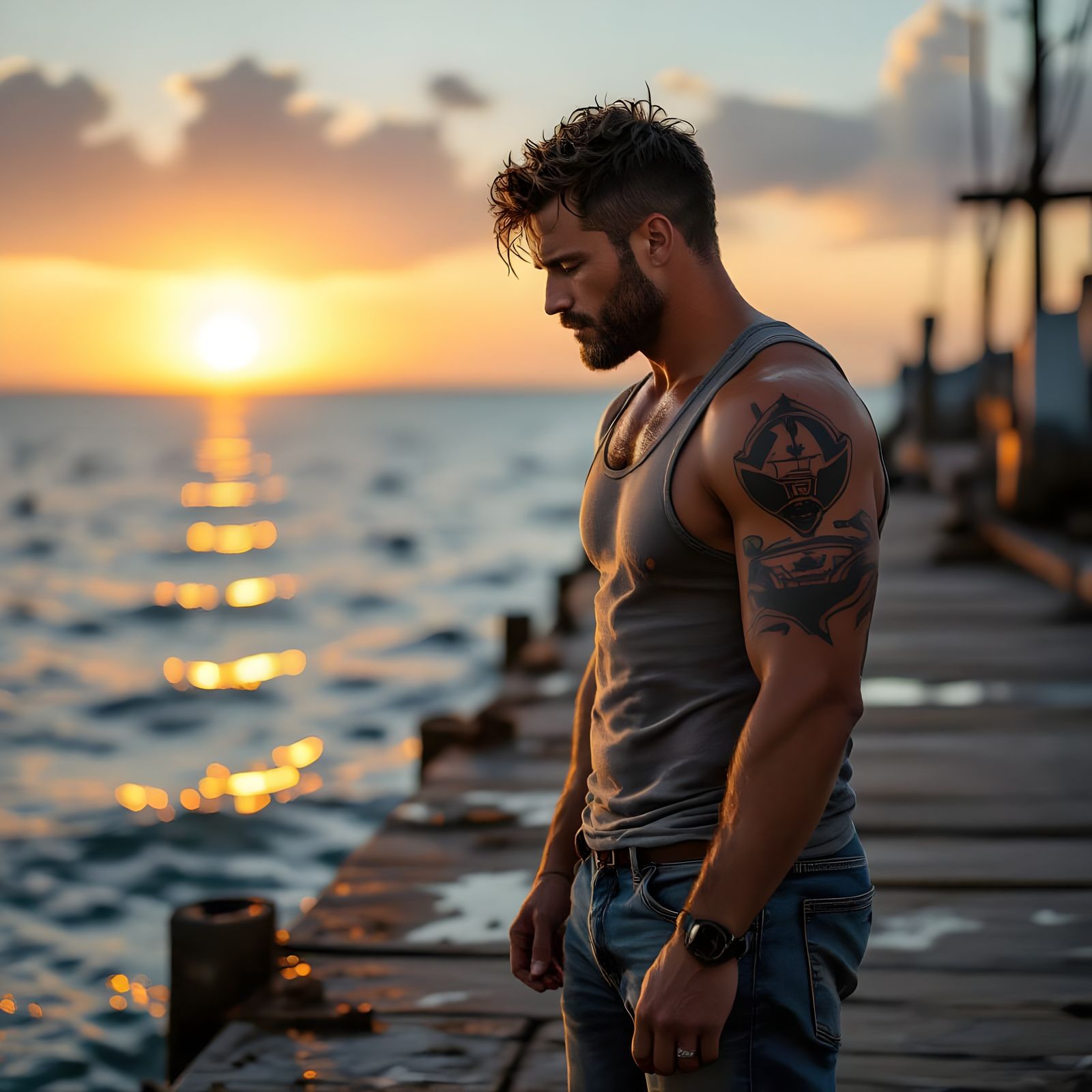 Dockworker Gazing at Sea in Hyperrealistic Style