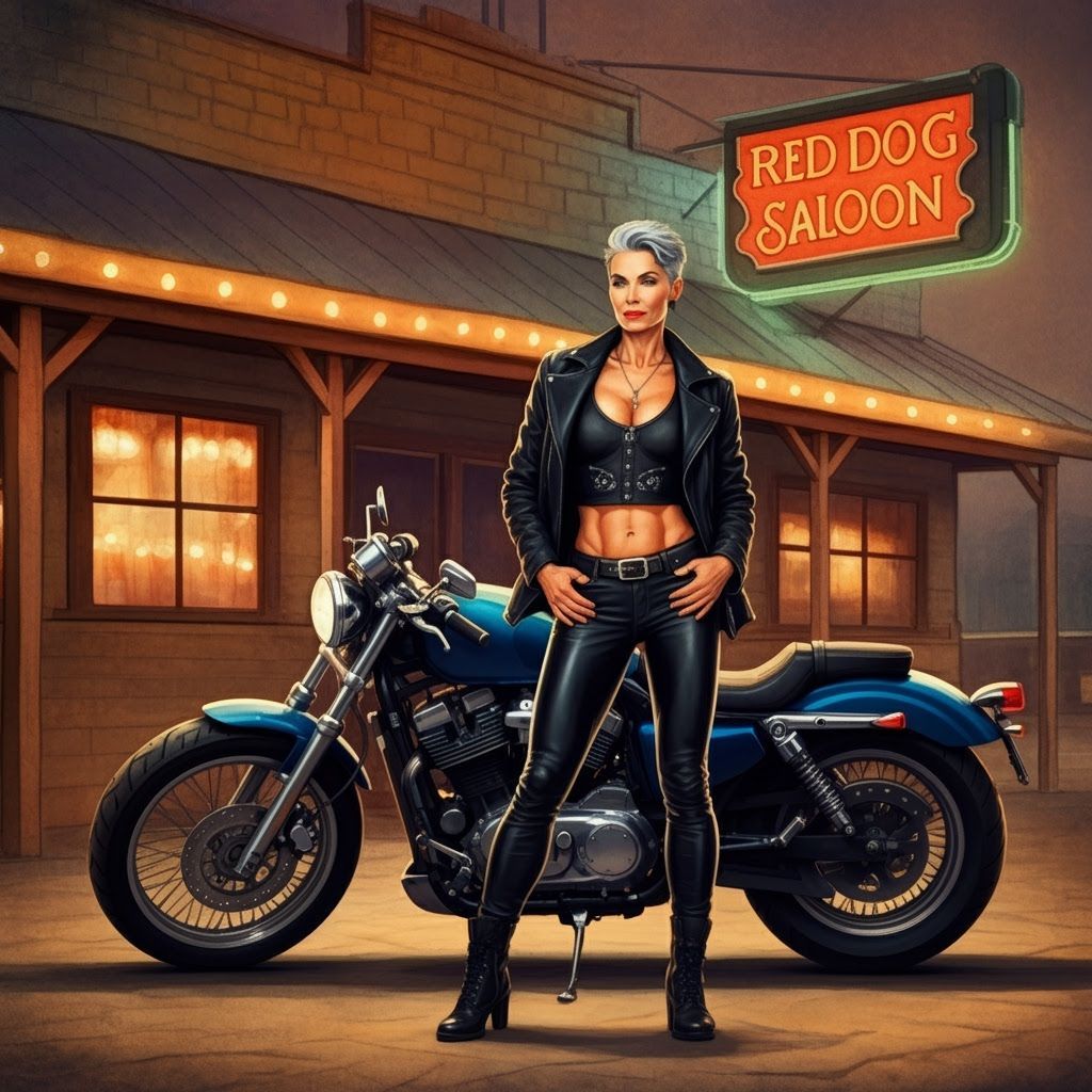 Woman with Motorcycle at Red Dog Saloon, in Watercolor
