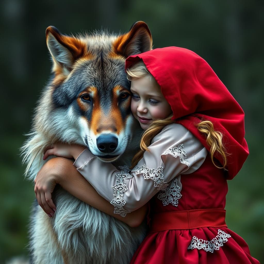 A tiny, beautiful little red riding hood embraces an enormou...