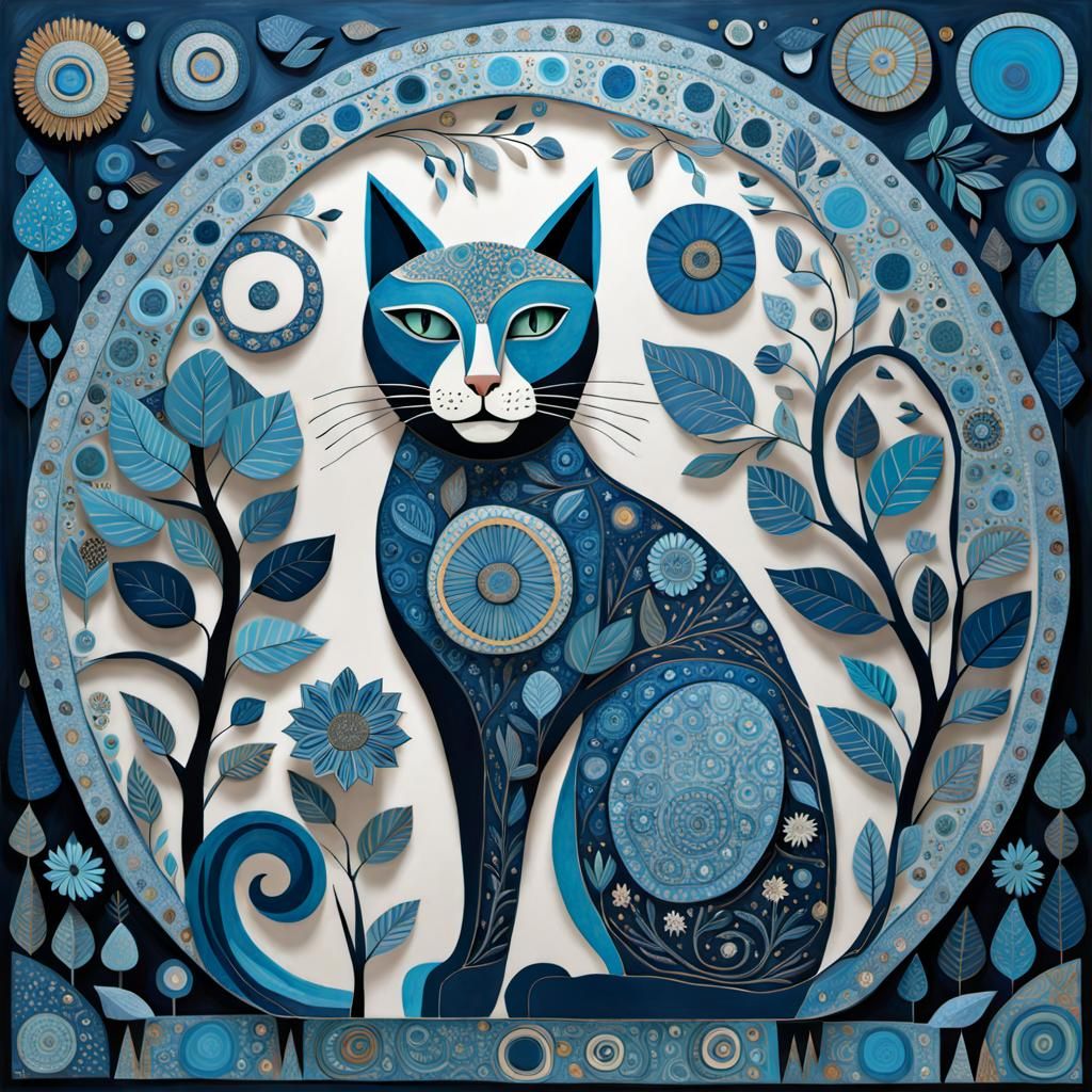 Whimsical Cerulean Cat in Folk Art Style