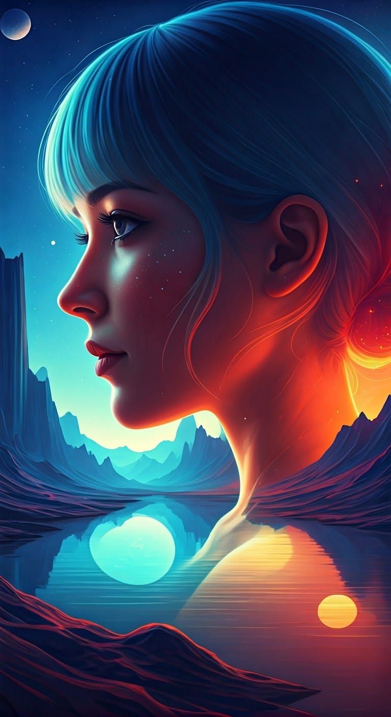 Woman in Alien Landscape Double Exposure: Anime Style