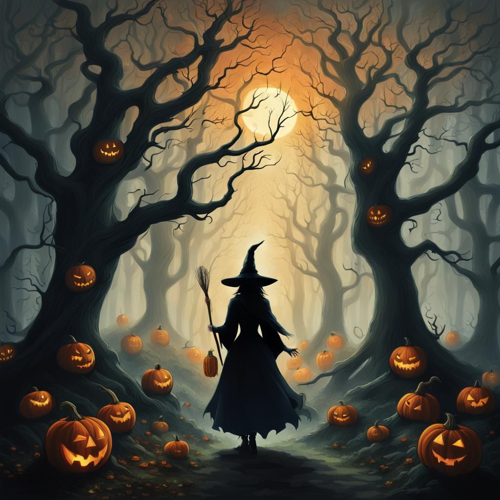 Eerie Witch in Haunted Forest Illustration