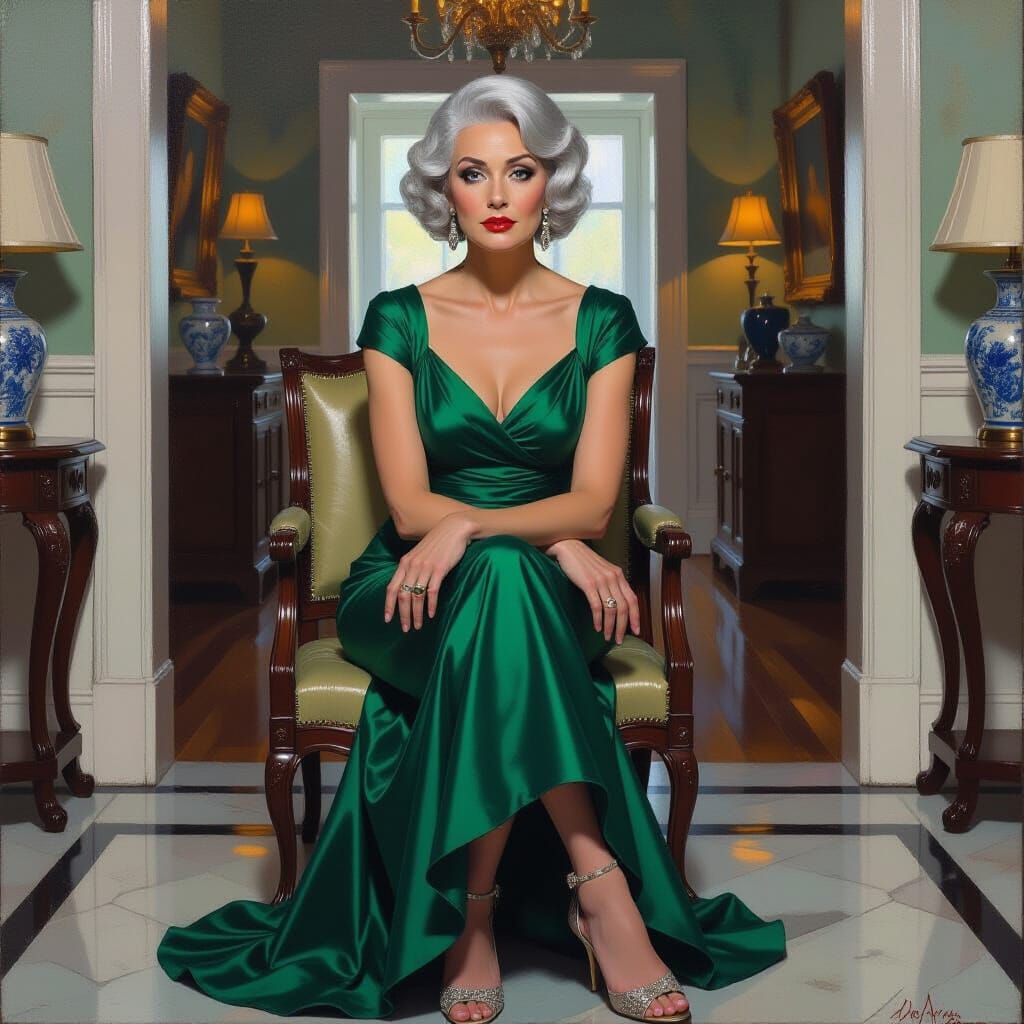 Anxious Woman in Elegant Foyer: Impressionistic Oil Painting