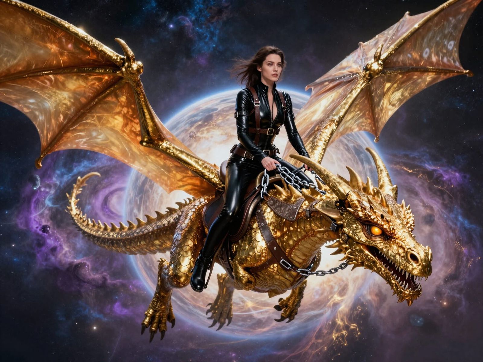 Woman Rides Golden Dragon Through Nebula