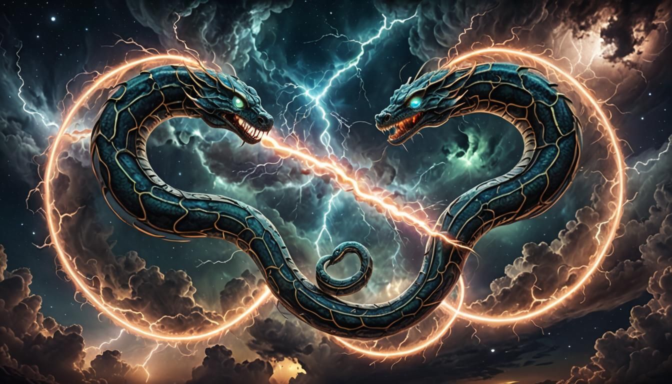 Alien Snake with Two Heads Under Aurora Sky