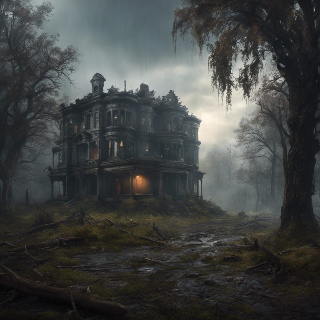 Abandoned suburb house and park post apocalyptic, rainy misty ruins, epic cinematic brilliant stunning intricate meticul...