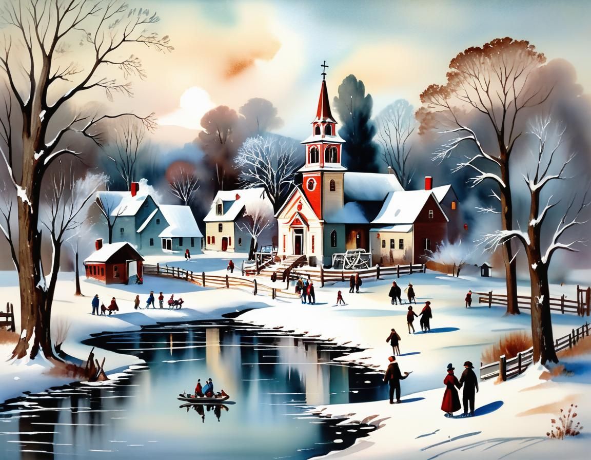 1880s Midwest Winter Townscape in Watercolor