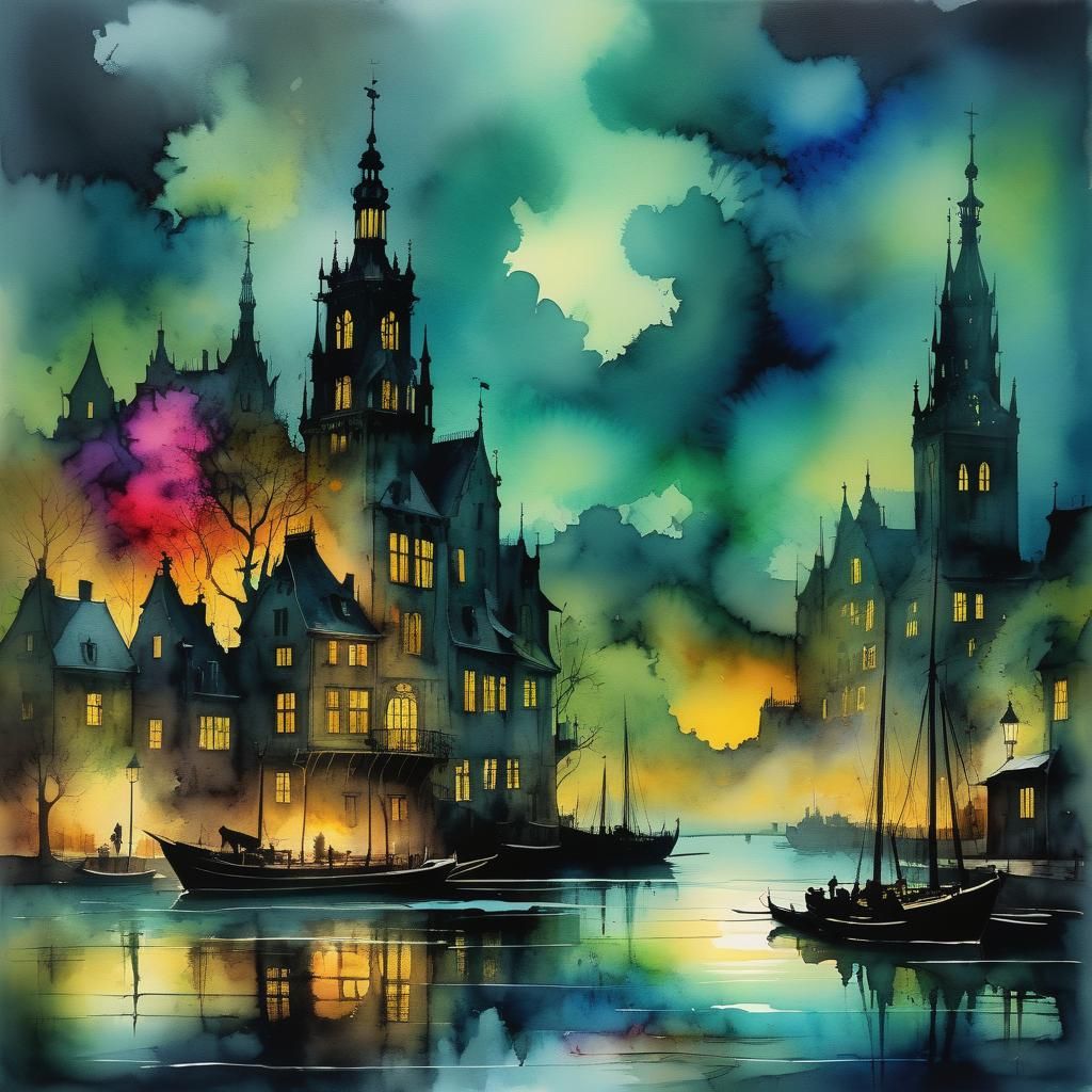 Netherlands Canal in Colorful Chiaroscuro Watercolor