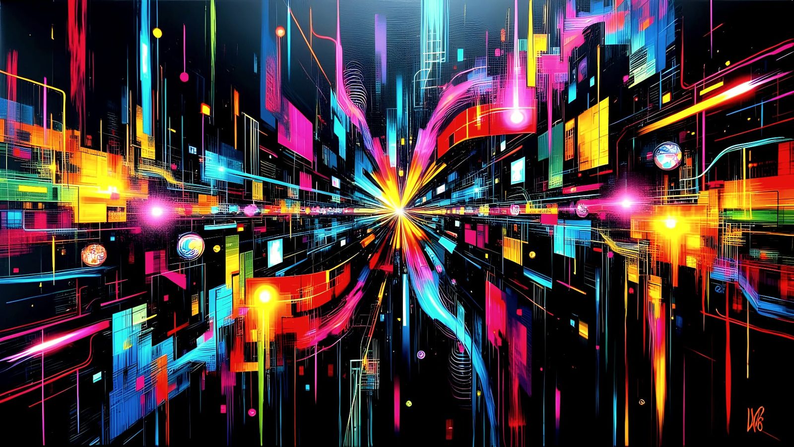 Infinite Grids Folding Inward in Op-Art Cyberpunk Style