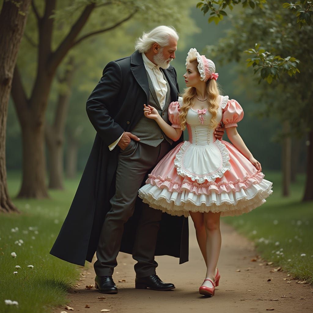 Elegant Lord and Dainty Maid Stroll through Lush Park