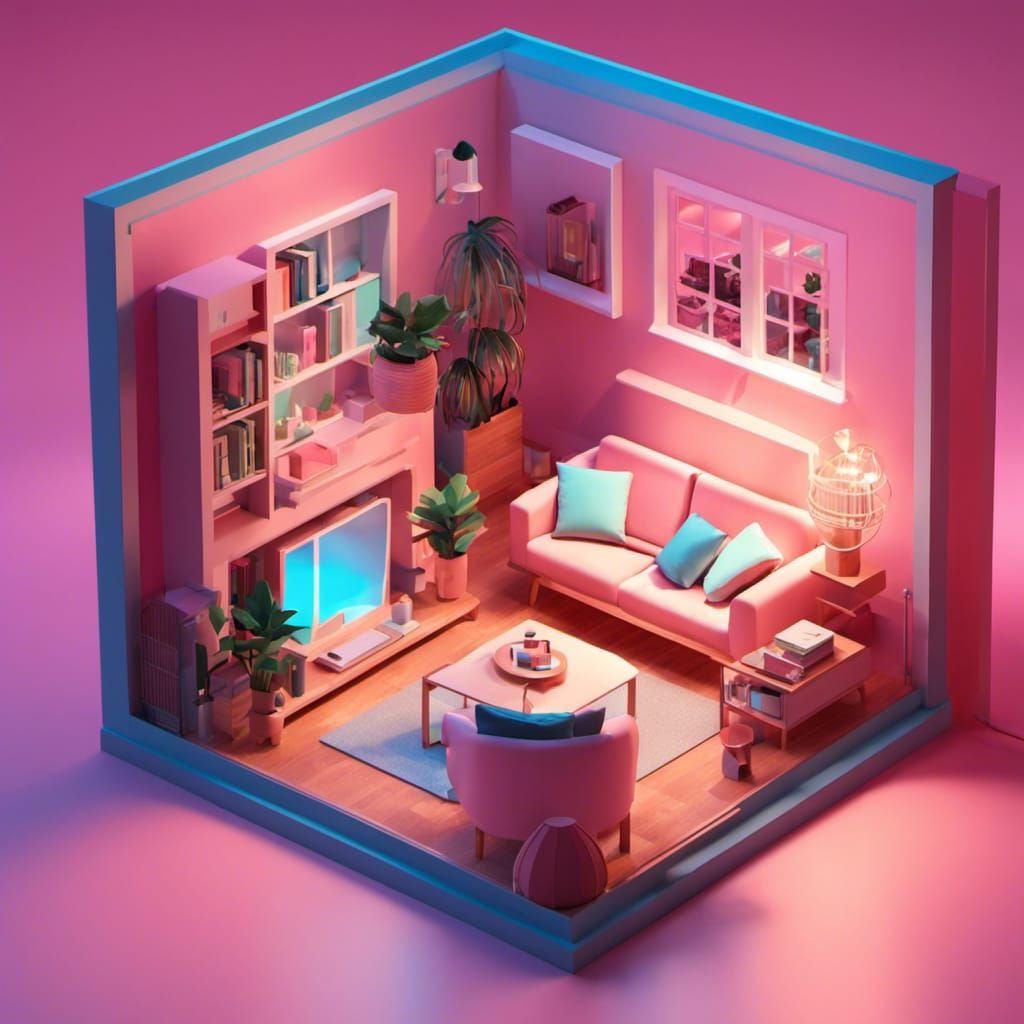Cute Isometric Living Room with Neon Lighting