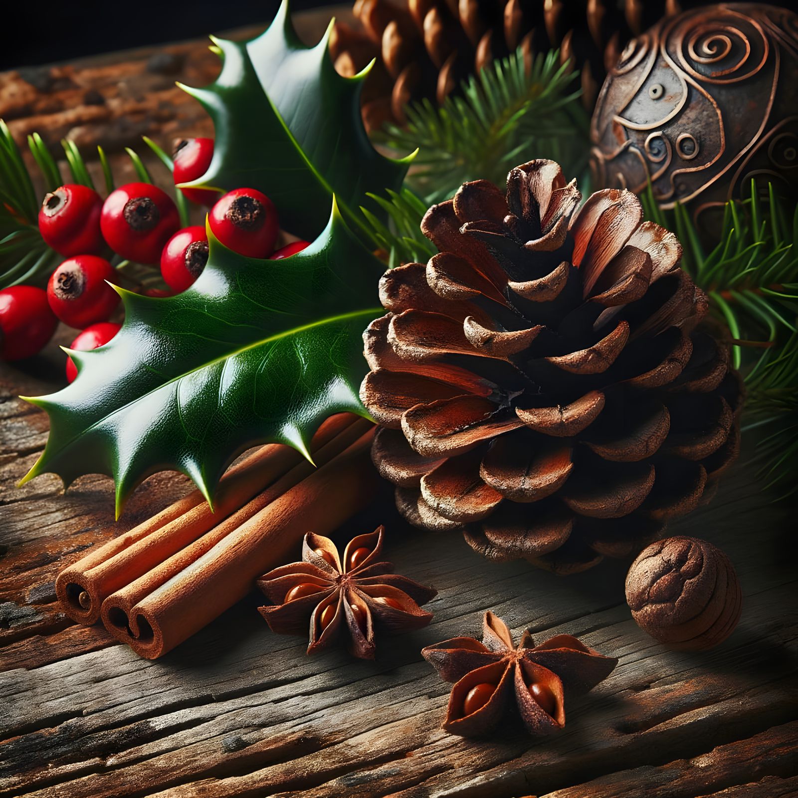Nature's Bounty: Pinecone, Holly, and Cinnamon on Wood