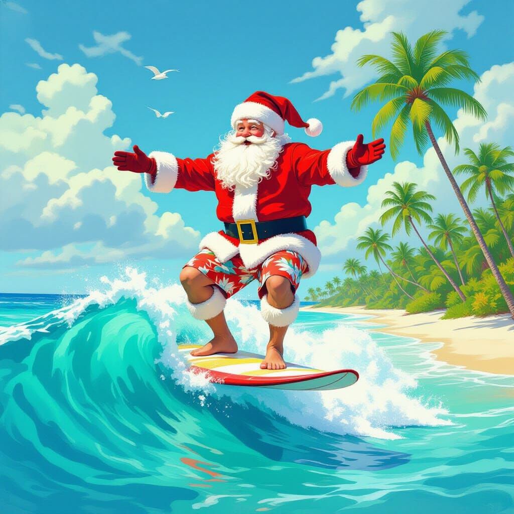 Santa Surfing a Frozen Wave in Tropical Paradise