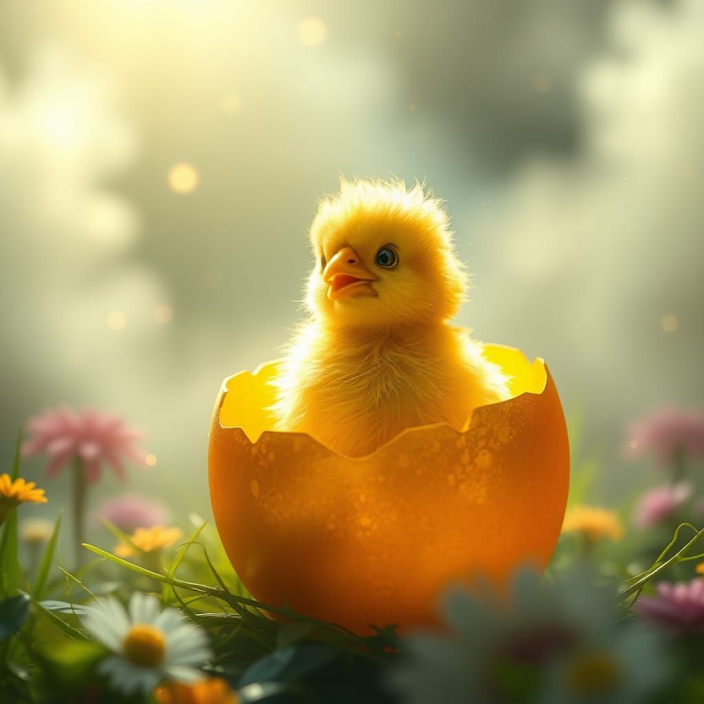 Fluffy Chick Emerges from Golden Egg in Dream Garden