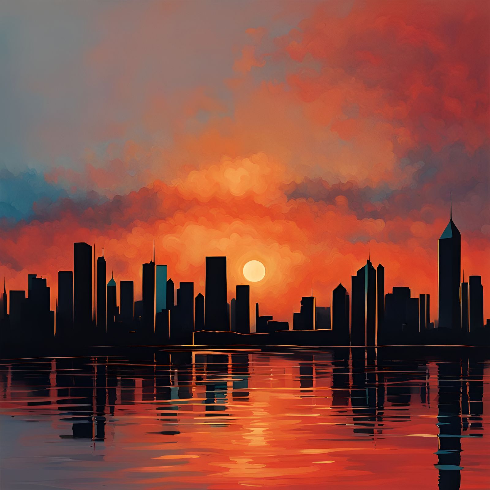 Abstract Sunset Cityscape Over Water